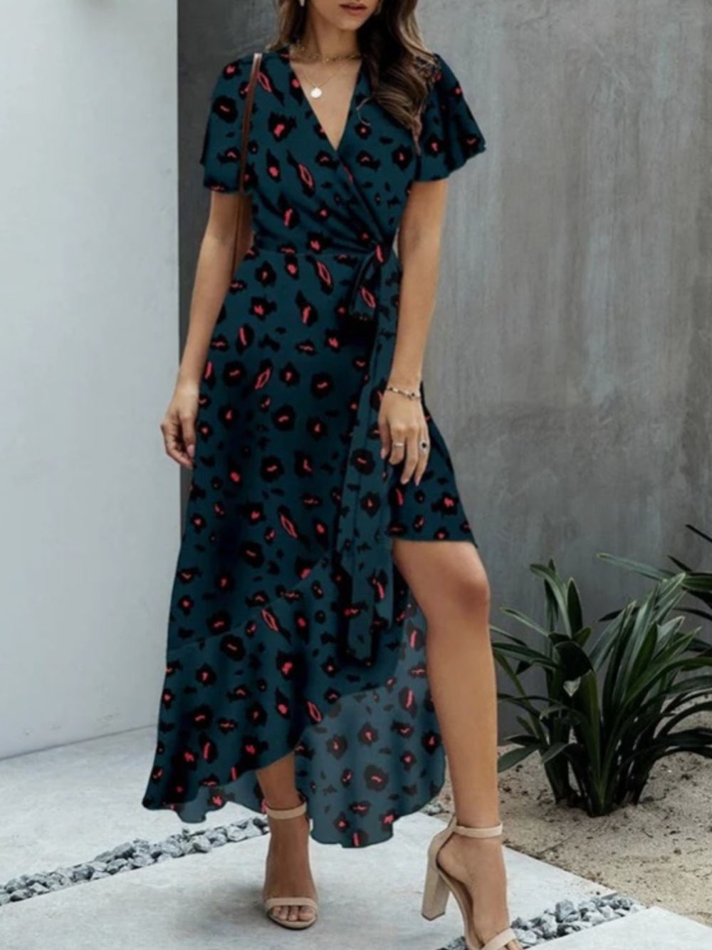 1176.  Dark Blue Teal Floral Maxi Wrap Dress with Ruffle Hem - Picture 2 of 3